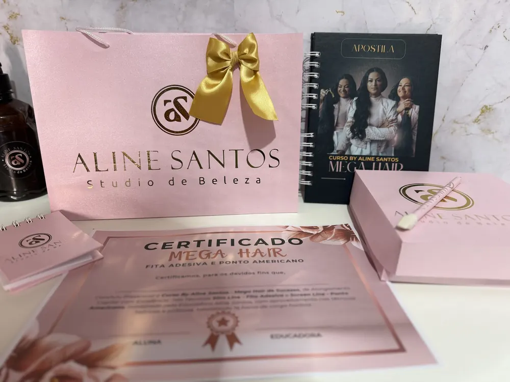 Kit do curso: sacola rosa Aline Santos Studio de Beleza com laço dourado, apostila do curso, caixa da marca e certificado Mega Hair Fita Adesiva e Ponto Americano