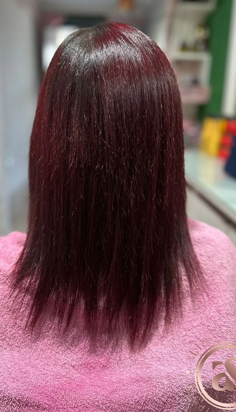 Antes: cabelo vinho na altura dos ombros, liso e ralo nas pontas